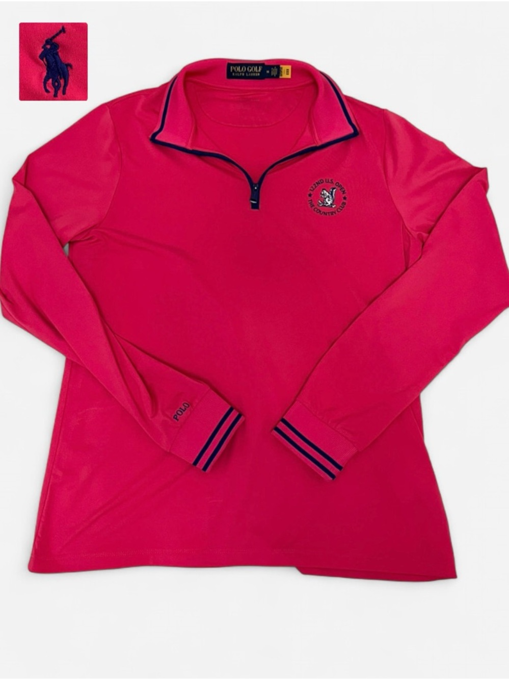 Ralph Lauren Pink Polo Golf 1/4 Zip with Navy Trim Size Med. 122nd Golf Opening
